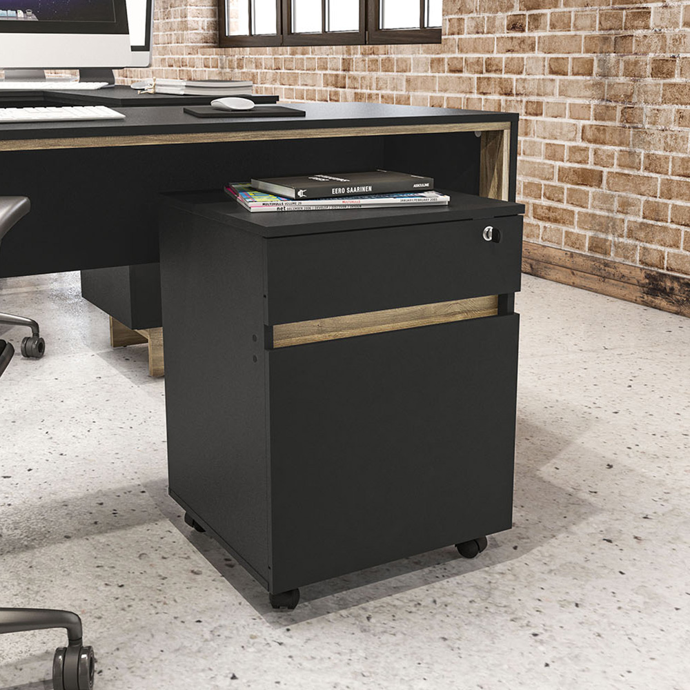 Gaveteiro Office Los Angeles Com Chave E Pasta Suspensa 02 Gavetas P01 Preto Carvalho - Lyam Decor