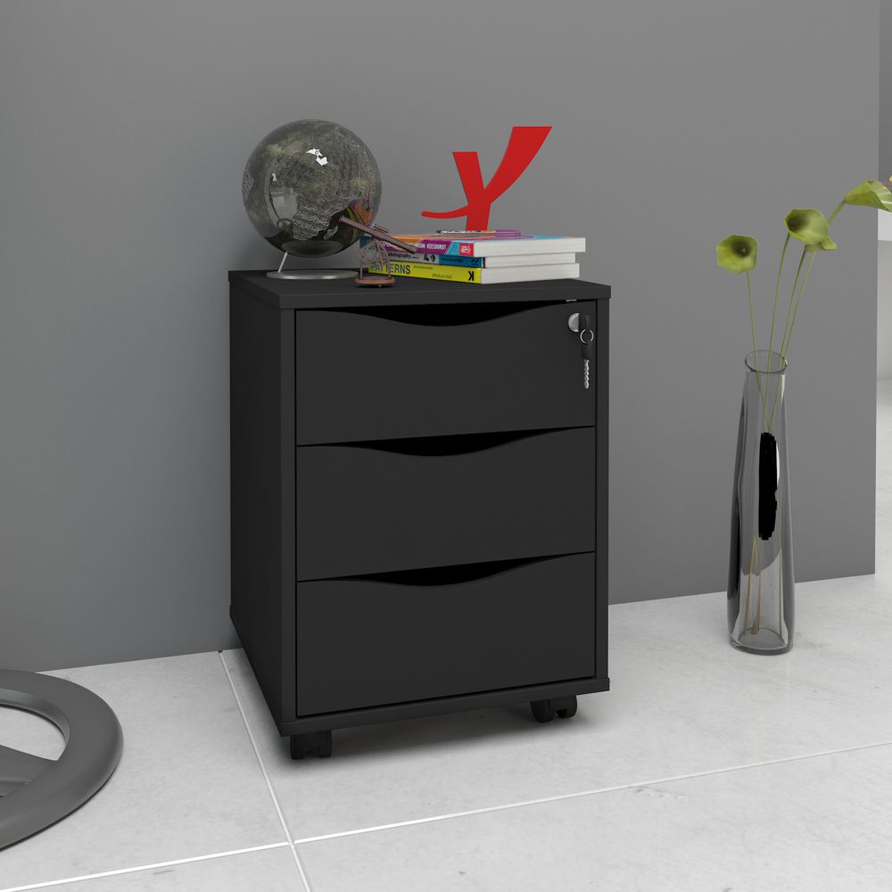 Gaveteiro Para Escritório Office com Rodízios 03 Gavetas Face A02 Preto - Lyam Decor