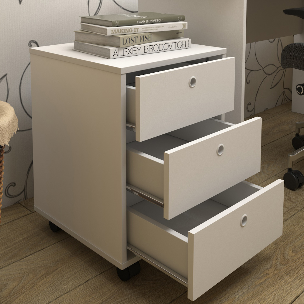 Gaveteiro Para Escritório Office com Rodízios 03 Gavetas New A02 Branco - Lyam Decor