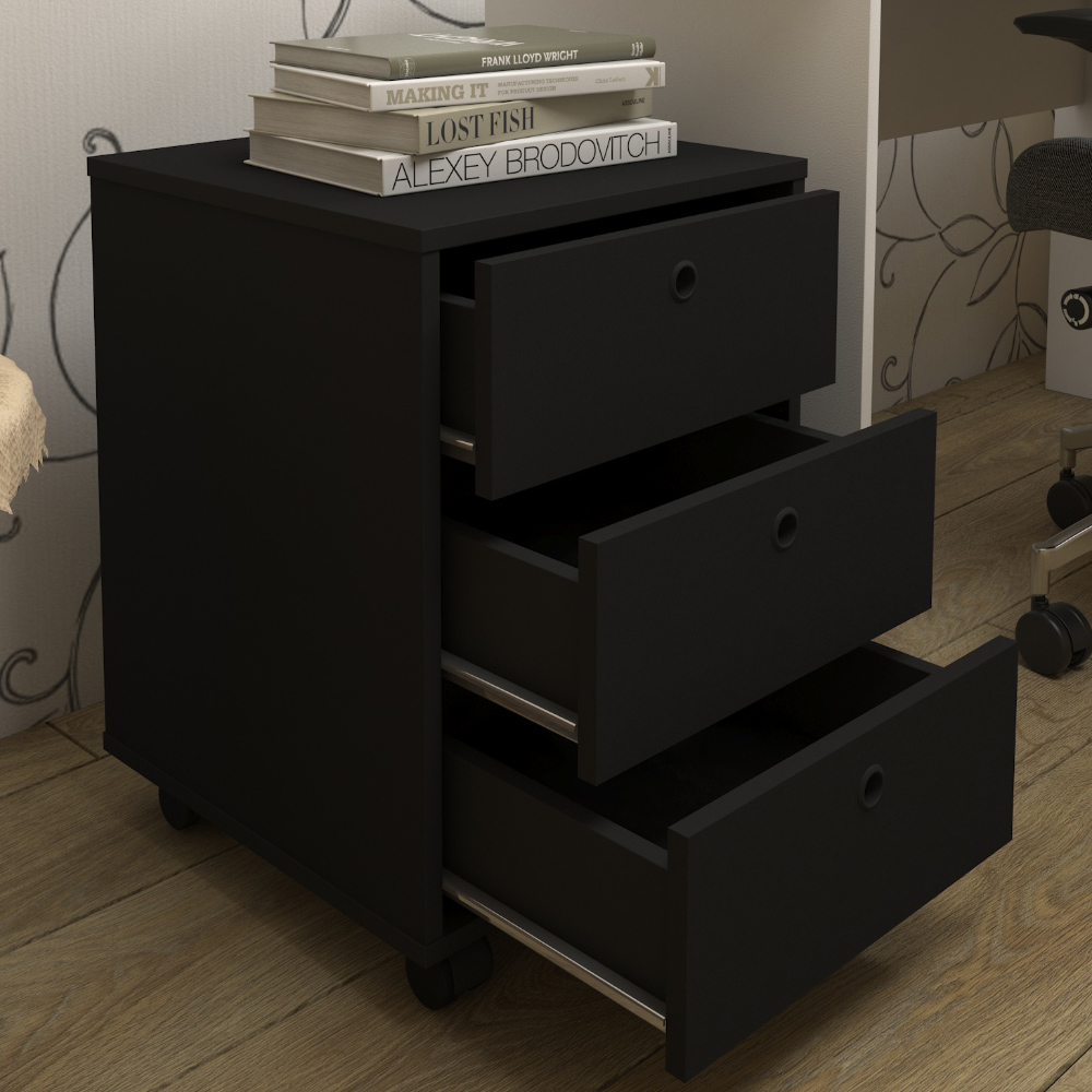 Gaveteiro Para Escritório Office com Rodízios 03 Gavetas New A02 Preto - Lyam Decor