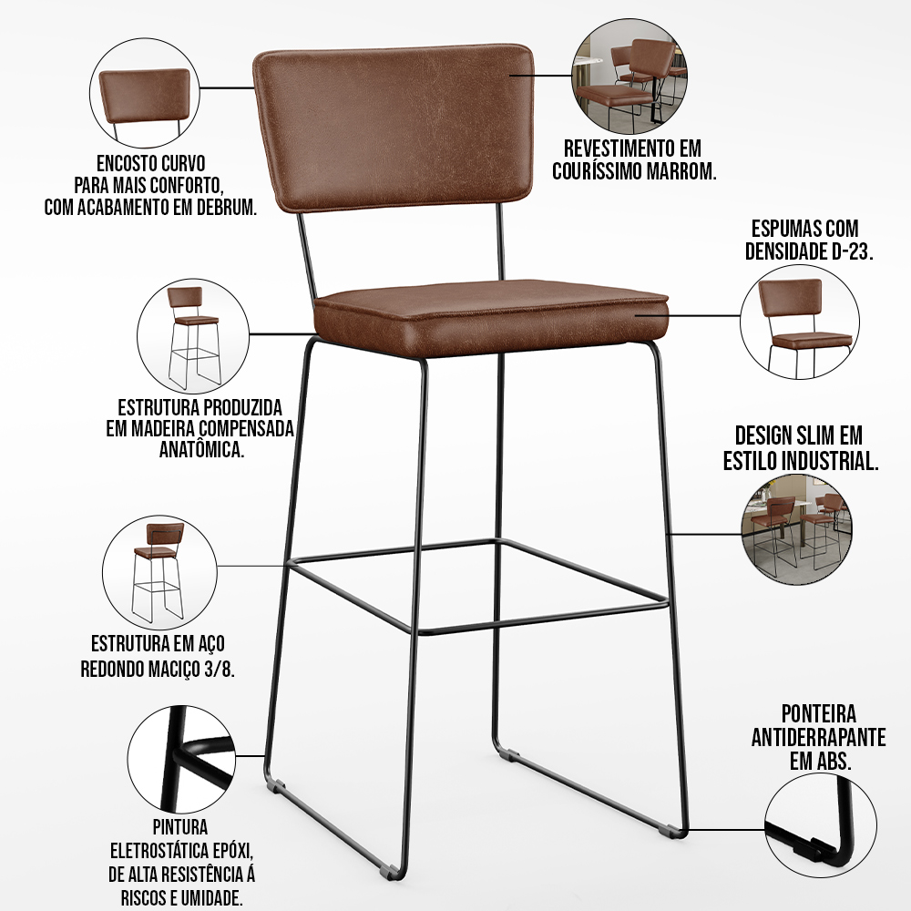 Kit 02 Banqueta Alta Cozinha Sala De Jantar Fixa Allana L02 Couríssimo Marrom - Lyam Decor