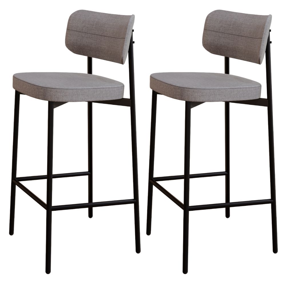 Kit 02 Banquetas Alta Bar Cozinha Sala De Jantar Aço Preto Kaira C01 Linho Cinza - Lyam Decor