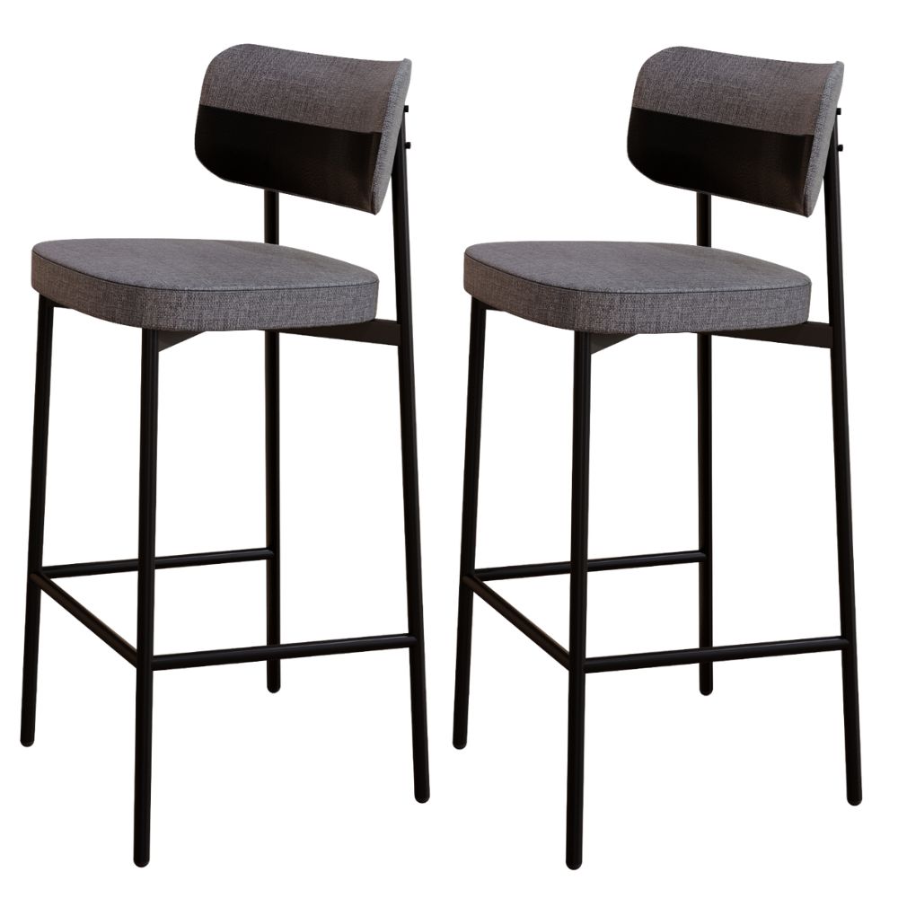 Kit 02 Banquetas Alta Bar Cozinha Sala De Jantar Aço Preto Kaira C01 Linho Cinza Courino Preto - Lyam Decor