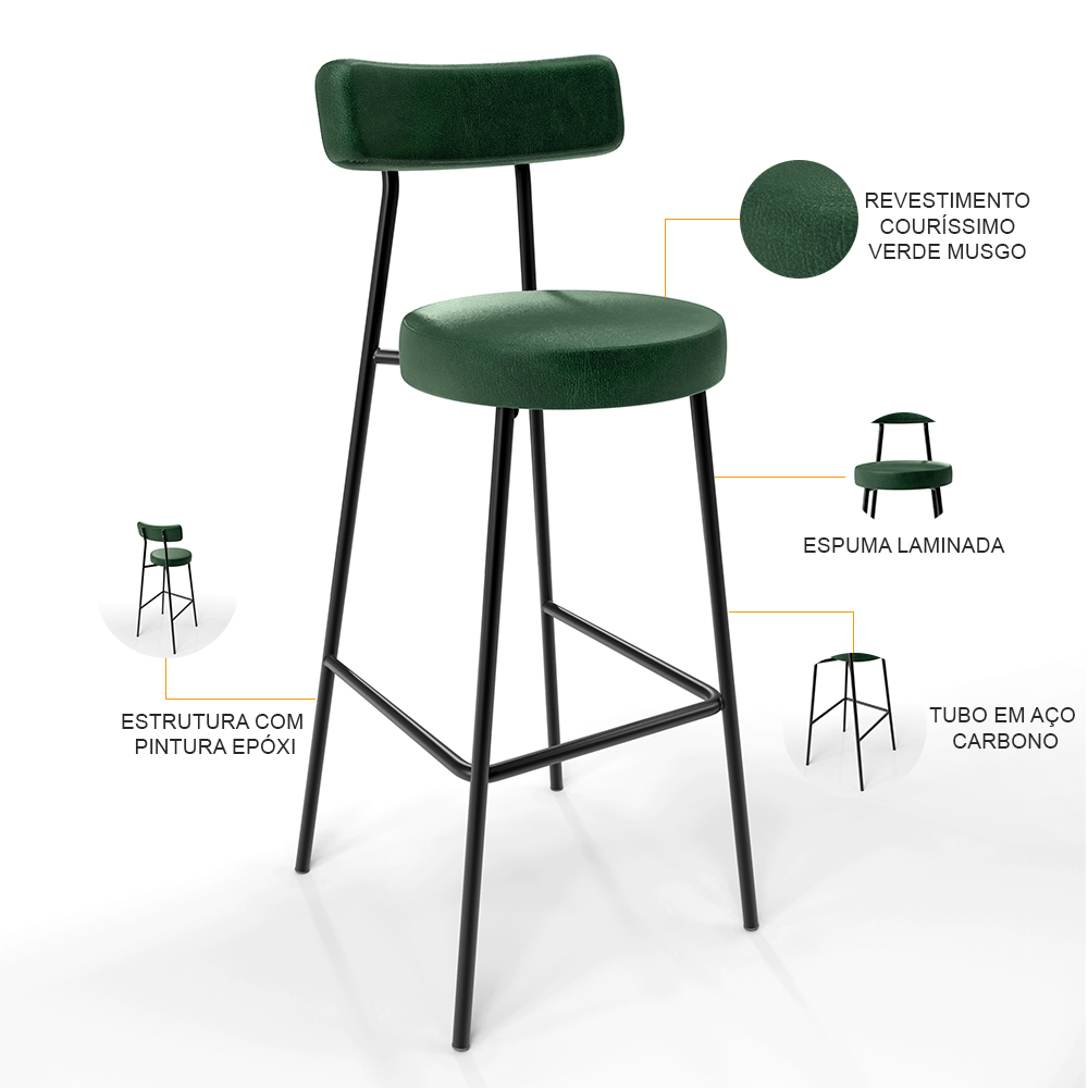 Kit 02 Banquetas Alta Bar Cozinha Sala De Jantar Em Aço Milão F01 Facto Verde Musgo - Lyam Decor