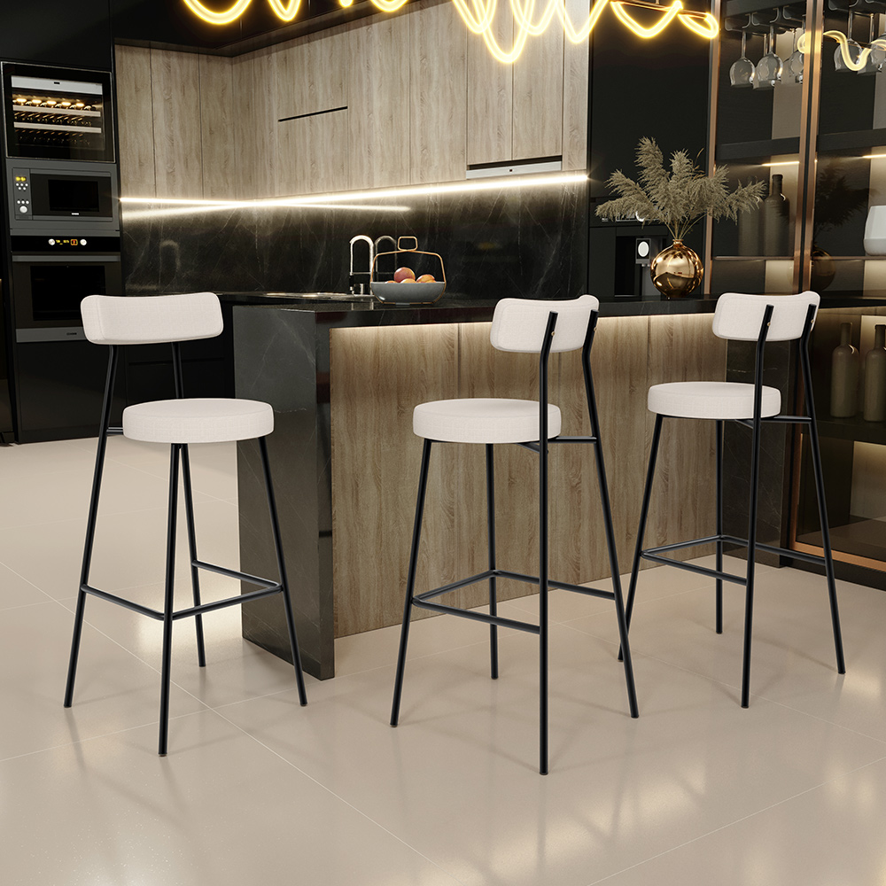 Kit 02 Banquetas Alta Bar Cozinha Sala De Jantar Em Aço Milão L02 Linho Cru - Lyam Decor