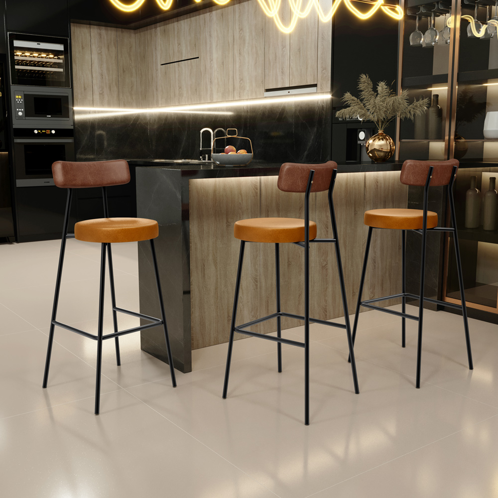 Kit 02 Banquetas Alta Bar Cozinha Sala De Jantar Milão L02 Couríssimo Marrom Whisky - Lyam Decor