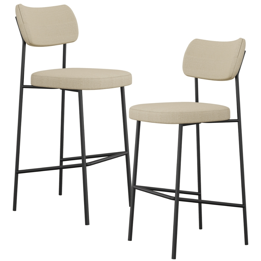 Kit 02 Banquetas Alta Bar Cozinha Sala De Jantar Preto Elira L02 Linho Bege Escuro - Lyam Decor