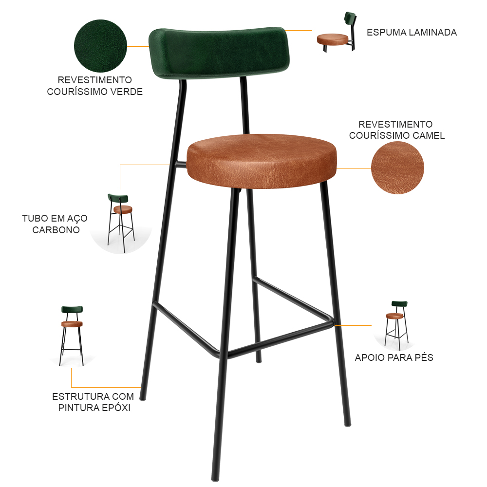 Kit 02 Banquetas Alta Bar Cozinha Sala Jantar Milão L02 Facto Verde Couríssimo Camel - Lyam Decor