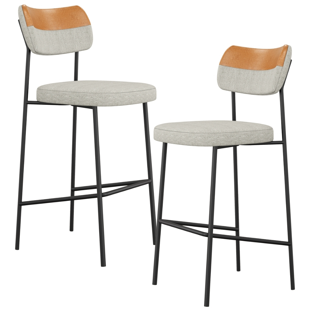 Kit 02 Banquetas Alta Bar Cozinha Sala Jantar Preto Elira L02 Couríssimo Whisky Linho Cinza - Lyam Decor