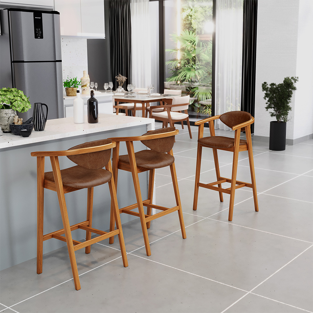 Kit 02 Banquetas Alta Cozinha Bancada Bar Sala de Jantar Fixa Cecília L02 Couríssimo Marrom - Lyam