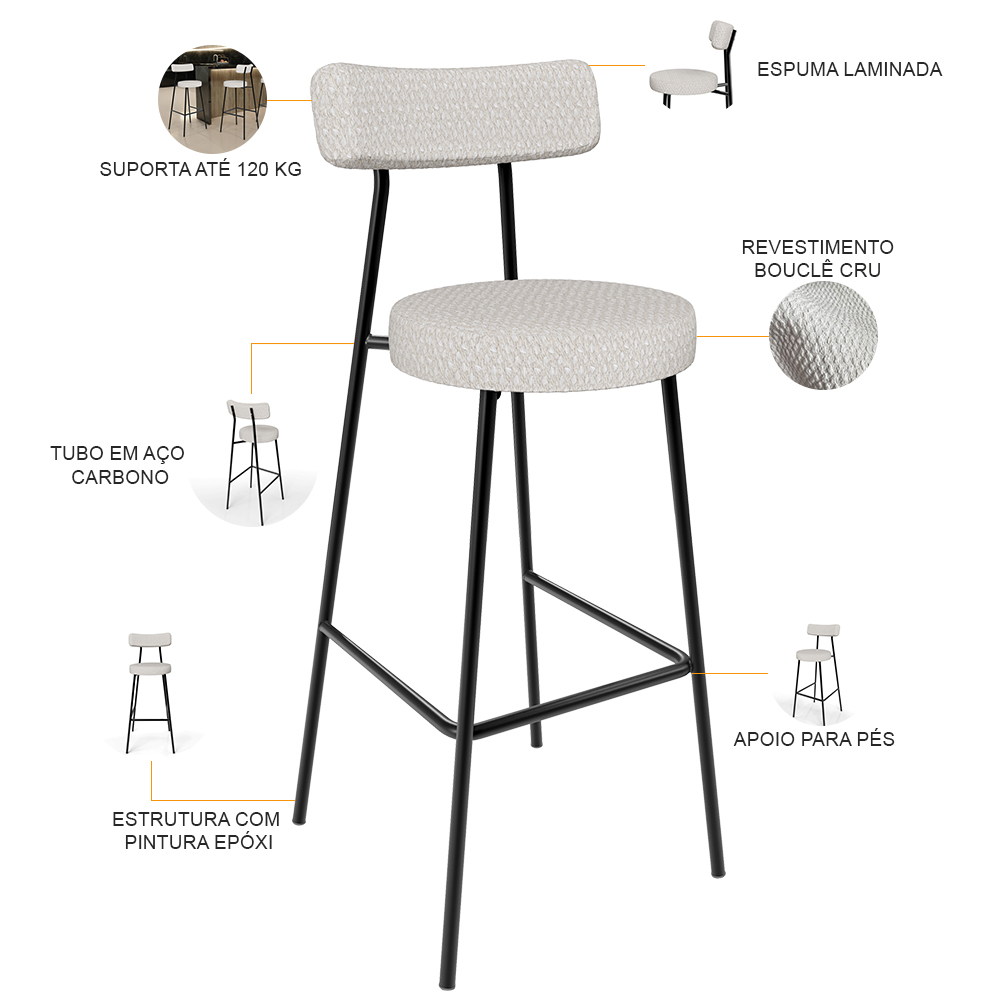 Kit 02 Banquetas Alta Cozinha Bar Sala Jantar Estrutura Em Aço Milão L02 Bouclê Cru - Lyam Decor