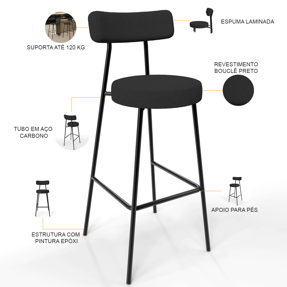Kit 02 Banquetas Alta Cozinha Bar Sala Jantar Estrutura Em Aço Milão L02 Bouclê Preto - Lyam Decor
