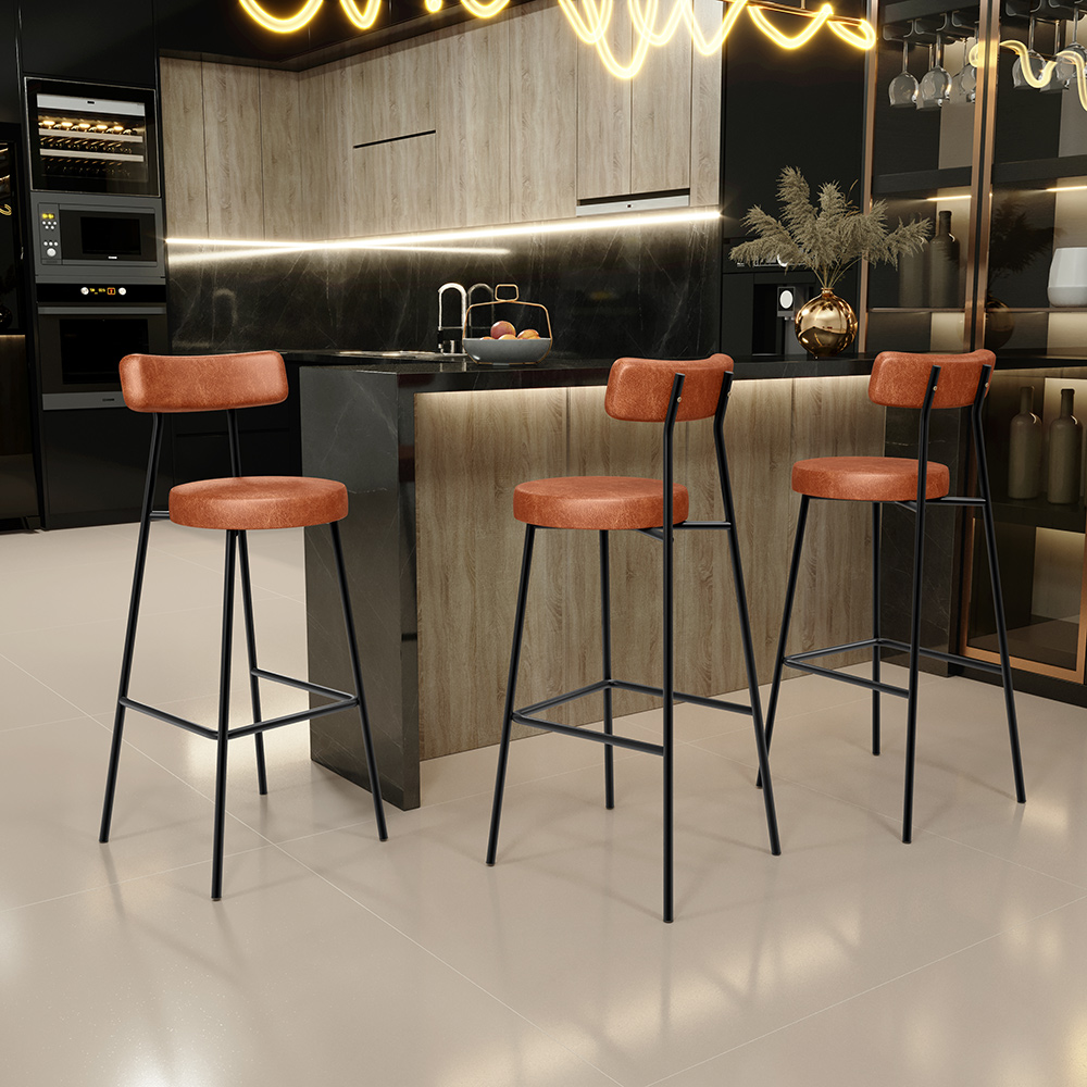 Kit 02 Banquetas Alta Cozinha Bar Sala Jantar Estrutura Em Aço Milão L02 Couríssimo Camel - Lyam Decor