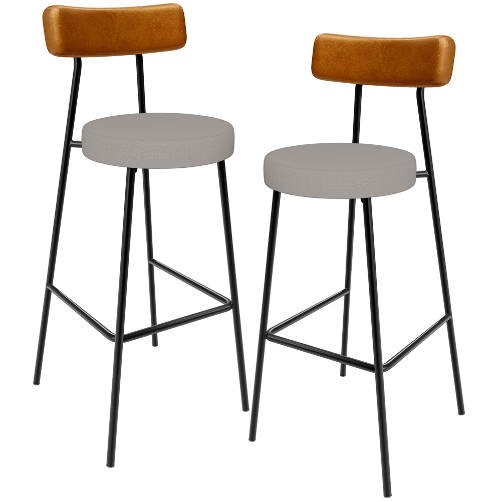 Kit 02 Banquetas Alta Cozinha Sala Jantar Aço Milão L02 Couríssimo Whisky Linho Bege - Lyam Decor