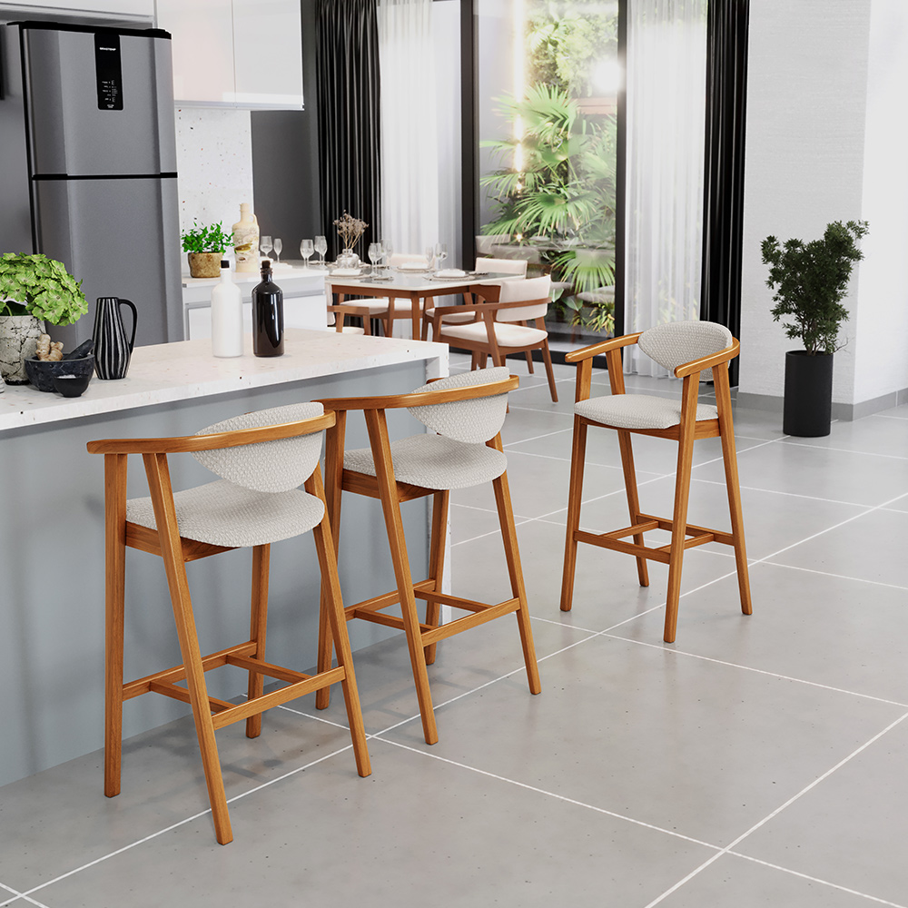 Kit 02 Banquetas Alta Para Cozinha Bancada Bar Sala de Jantar Fixa Cecília L02 Bouclê Cru - Lyam