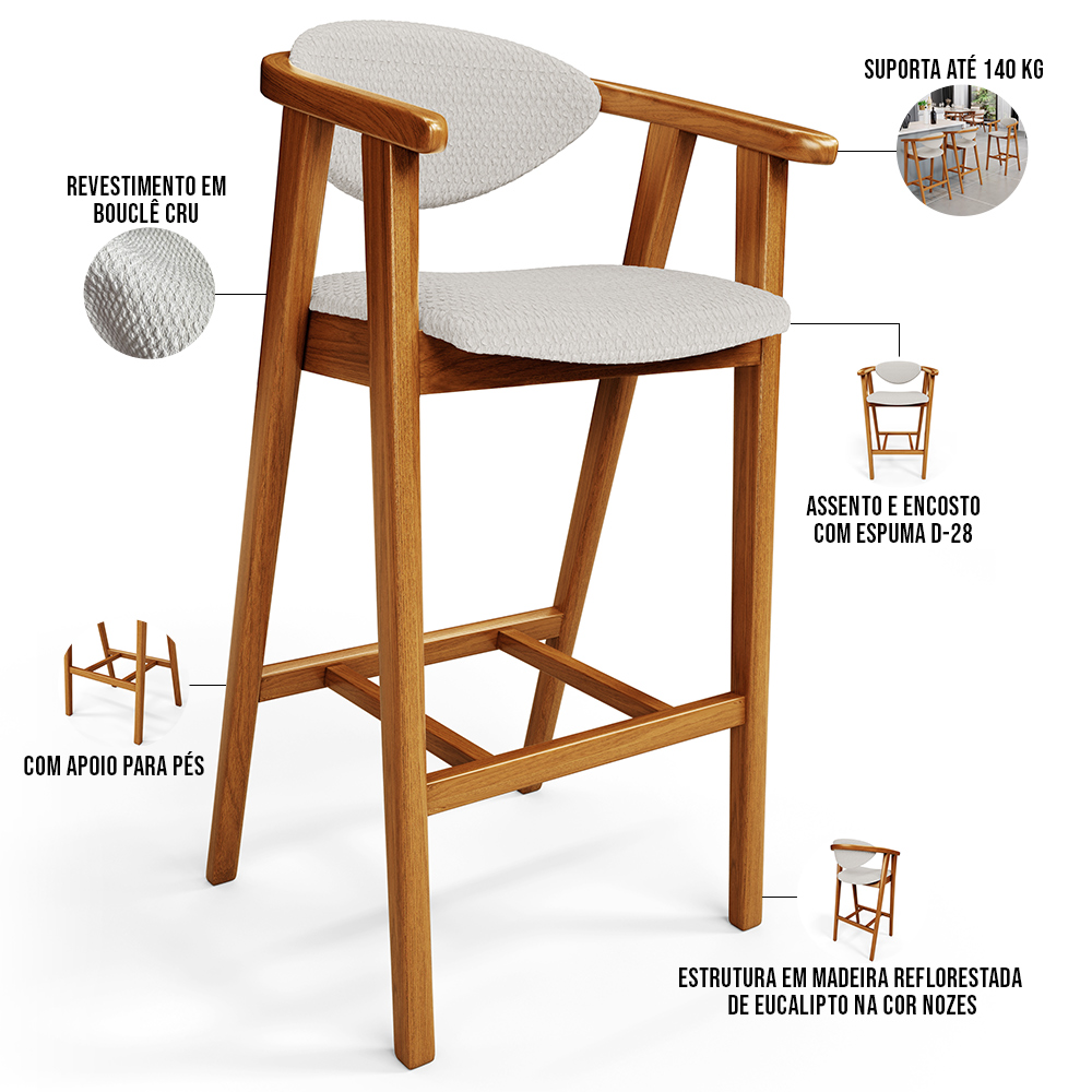 Kit 02 Banquetas Alta Para Cozinha Bancada Bar Sala de Jantar Fixa Cecília L02 Bouclê Cru - Lyam