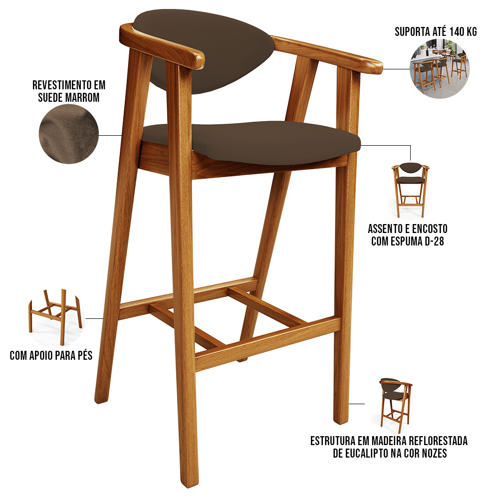 Kit 02 Banquetas Alta Para Cozinha Bancada Bar Sala de Jantar Fixa Cecília L02 Suede Marrom - Lyam
