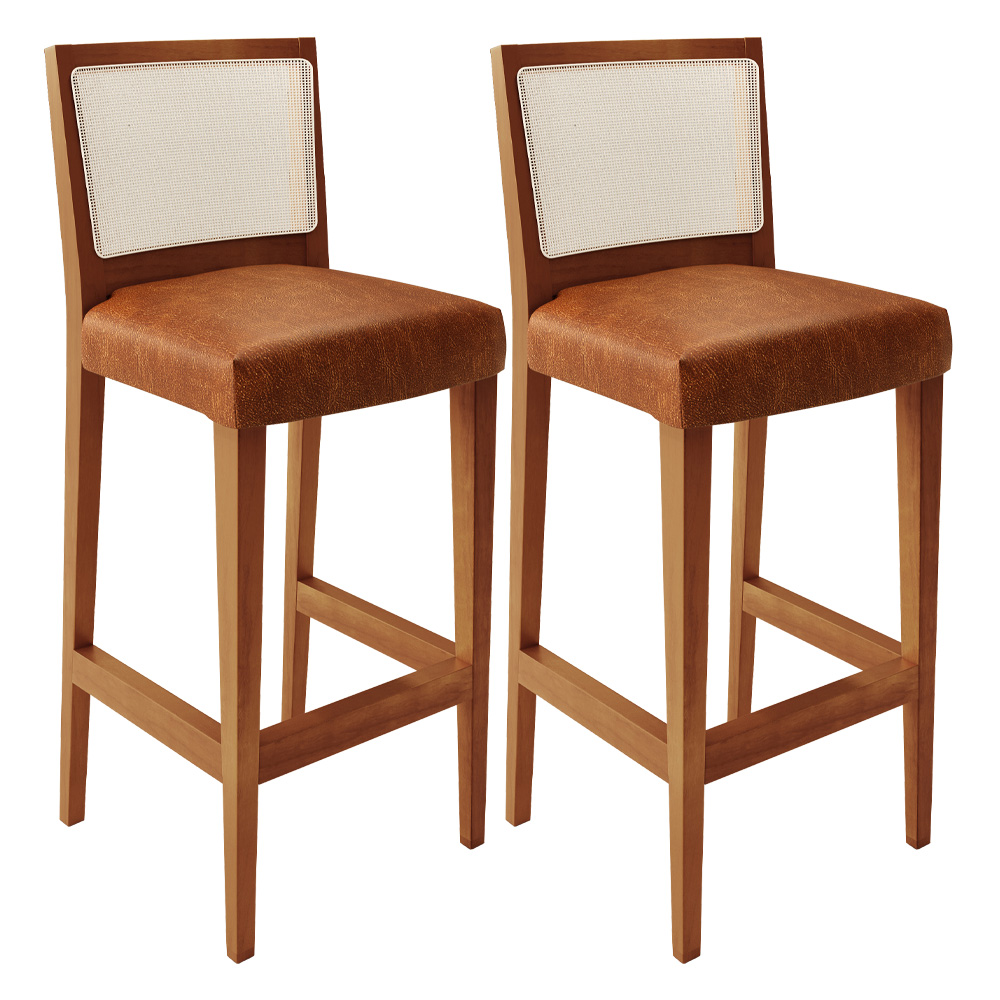 Kit 02 Banquetas Alta Para Cozinha Encosto em Tela Branco Zion L02 Couríssimo Camel - Lyam Decor