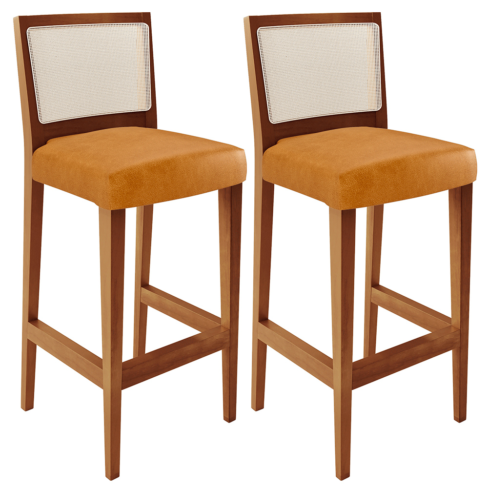 Kit 02 Banquetas Alta Para Cozinha Encosto em Tela Branco Zion L02 Couríssimo Whisky - Lyam Decor