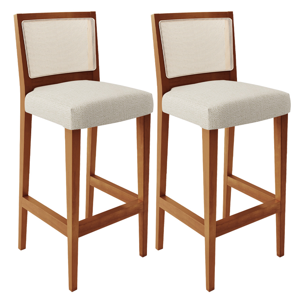 Kit 02 Banquetas Alta Para Cozinha Encosto em Tela Branco Zion L02 Linho Champagne - Lyam Decor