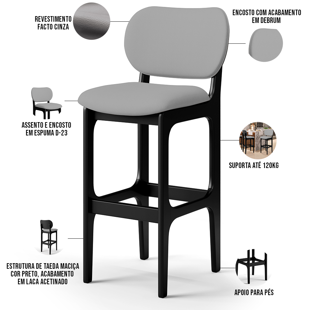 Kit 02 Banquetas Alta Para Cozinha Madeira Fixa Betta L02 Preto Facto Cinza - Lyam Decor