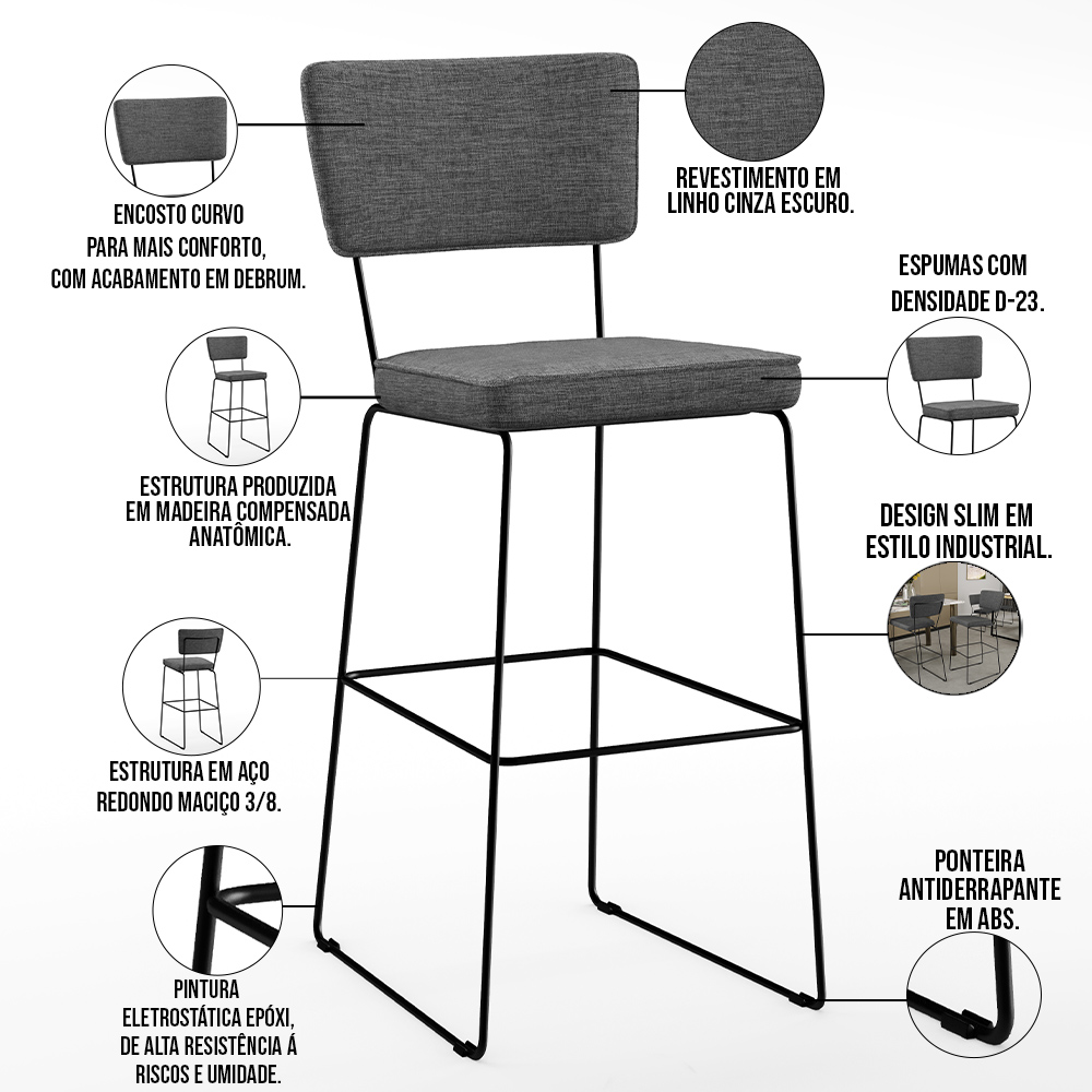 Kit 02 Banquetas Alta Para Cozinha Sala Base Em Aço Fixa Allana L02 Linho Cinza Escuro - Lyam Decor