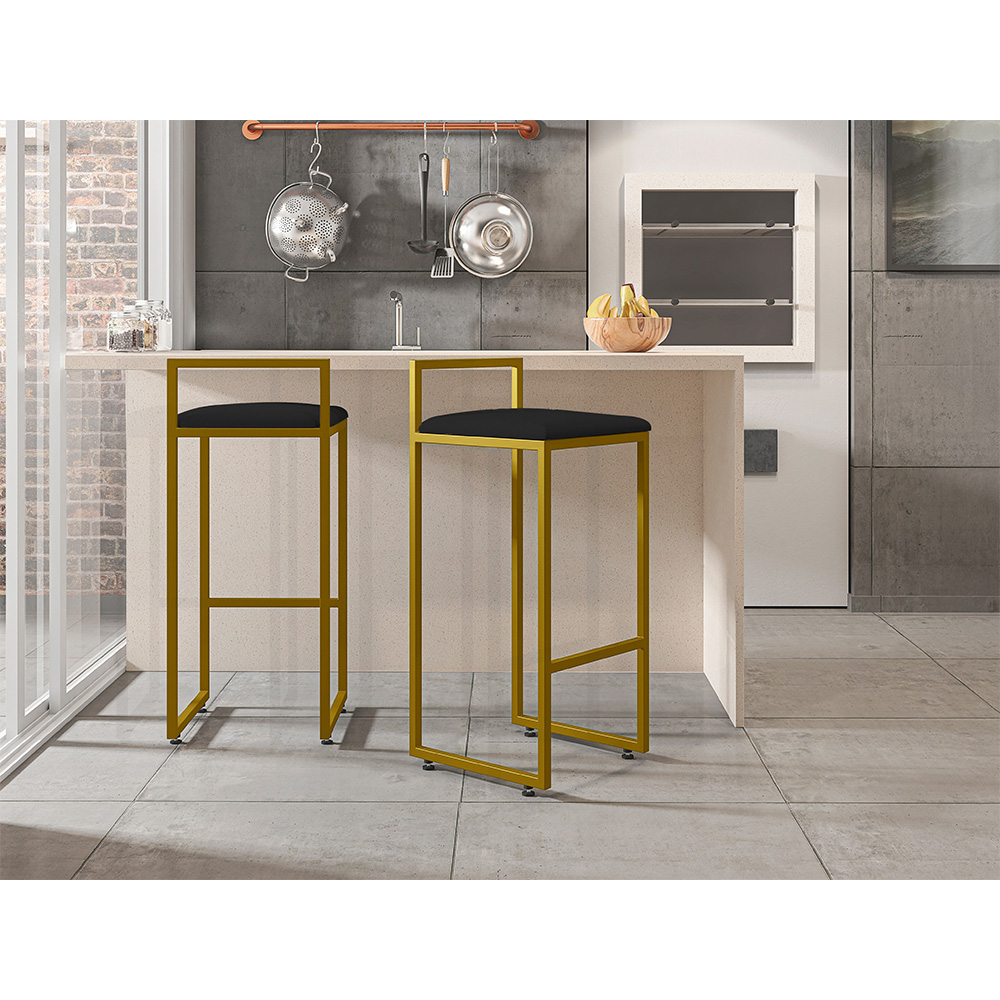 Kit 02 Banquetas Alta Para Cozinha Sala De Jantar Hanna L02 Dourado Corano Preto - Lyam Decor