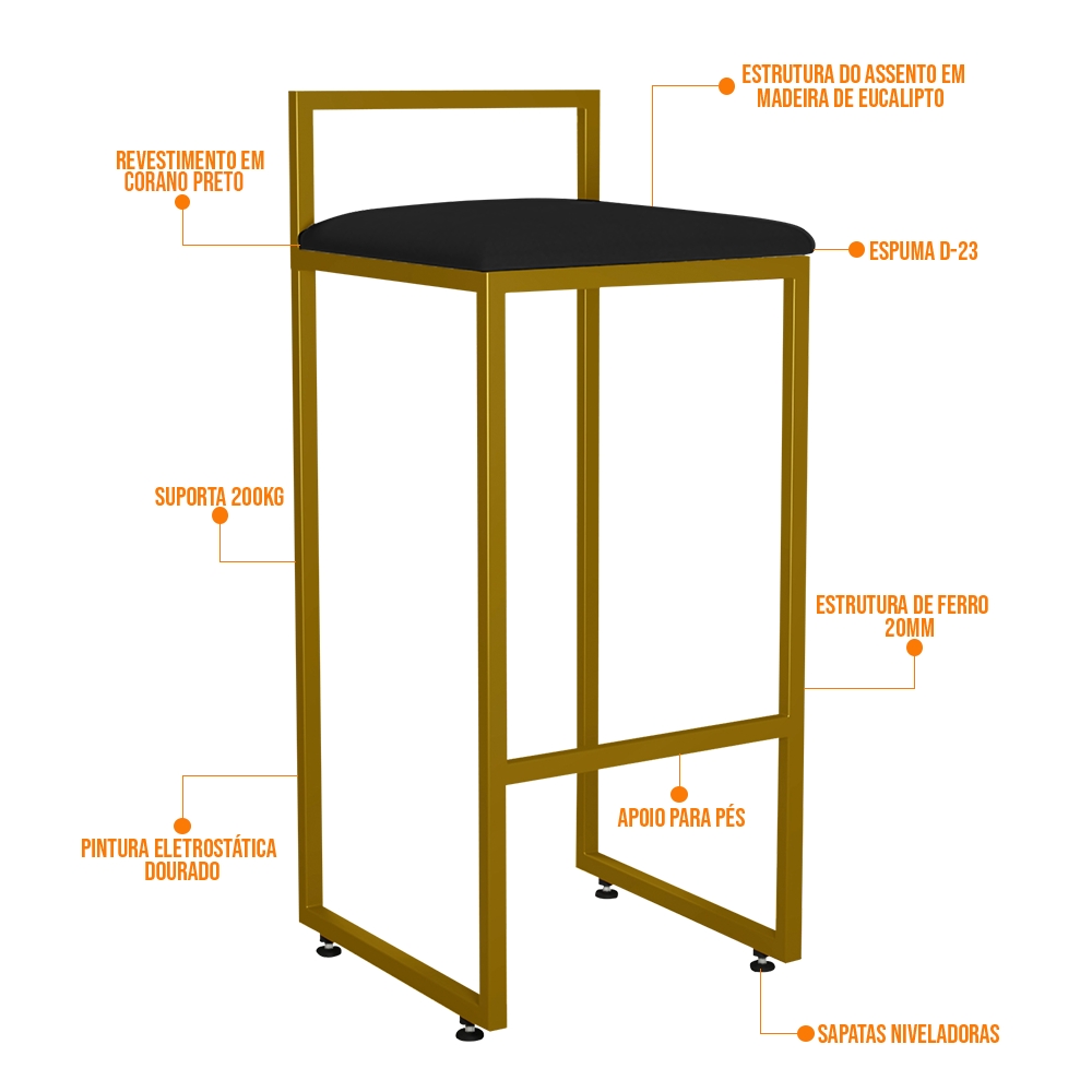 Kit 02 Banquetas Alta Para Cozinha Sala De Jantar Hanna L02 Dourado Corano Preto - Lyam Decor