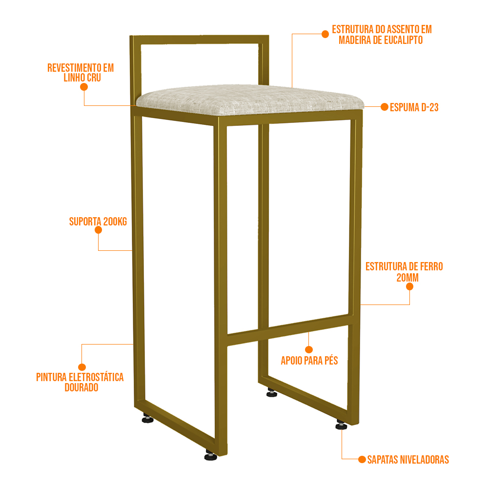 Kit 02 Banquetas Alta Para Cozinha Sala De Jantar Hanna L02 Dourado Linho Cru - Lyam Decor