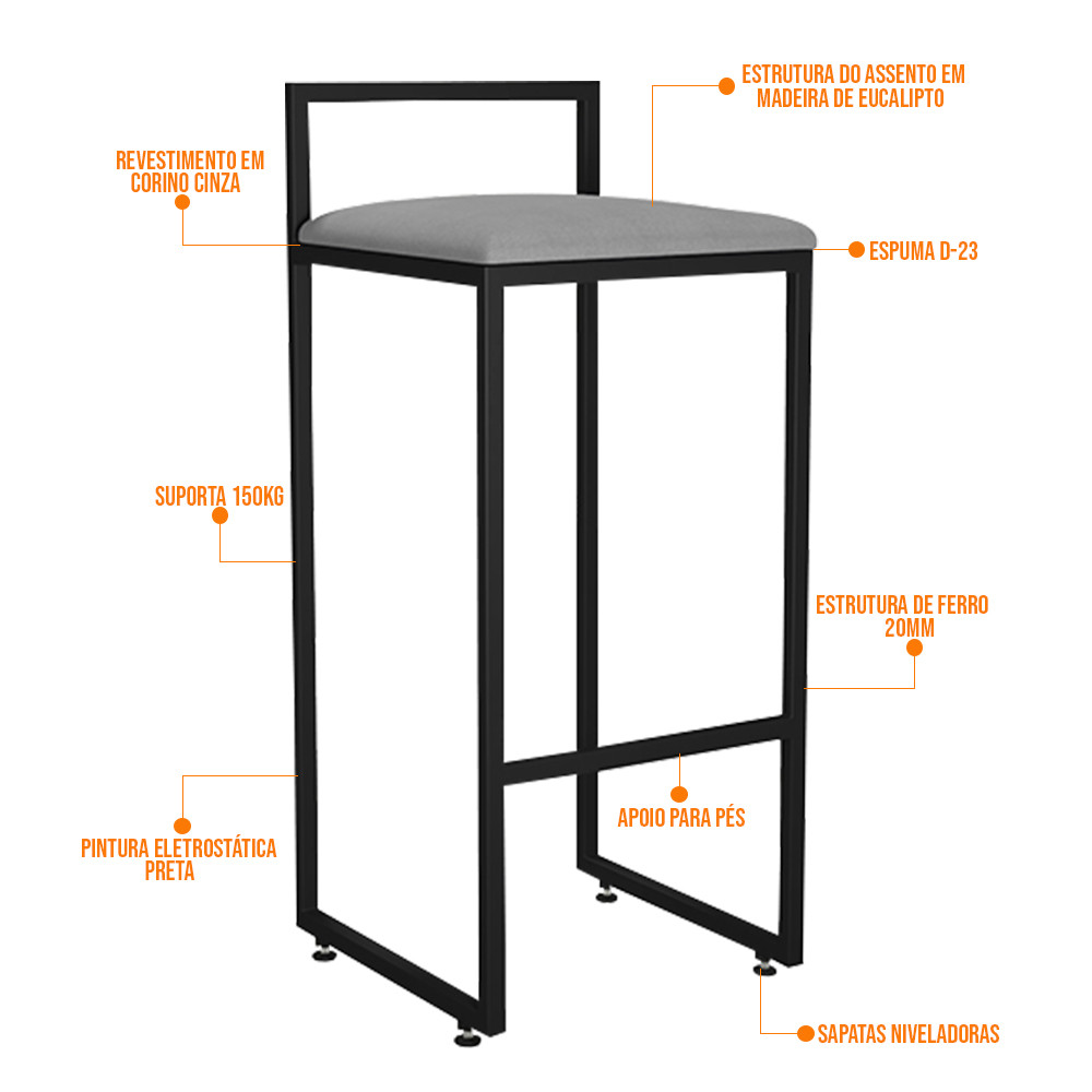 Kit 02 Banquetas Alta Para Cozinha Sala De Jantar Hanna L02 Preto Corano Cinza - Lyam Decor