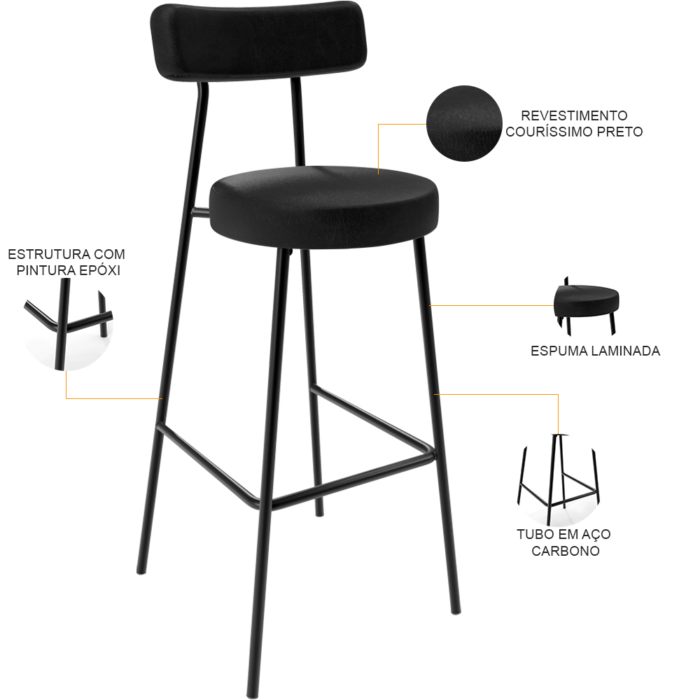 Kit 02 Banquetas Altas Bar Sala De Jantar Estrutura Em Aço Milão F01 Couríssimo Preto - Lyam Decor