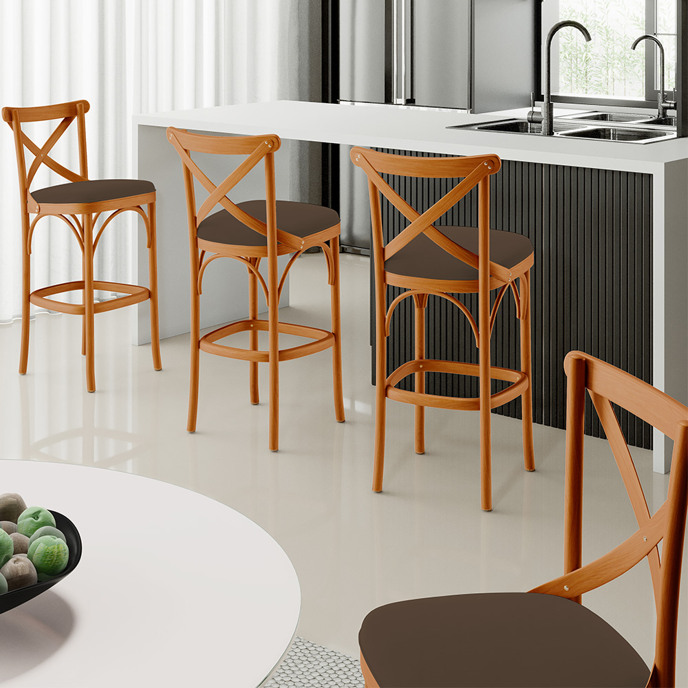 Kit 02 Banquetas Altas Cozinha Bancada Bar Sala de Jantar Estofada Ávila L02 Suede Marrom - Lyam
