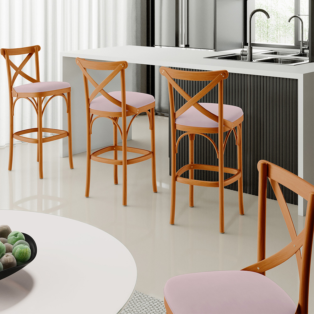 Kit 02 Banquetas Altas Cozinha Bancada Bar Sala de Jantar Estofada Ávila L02 Suede Rosê - Lyam