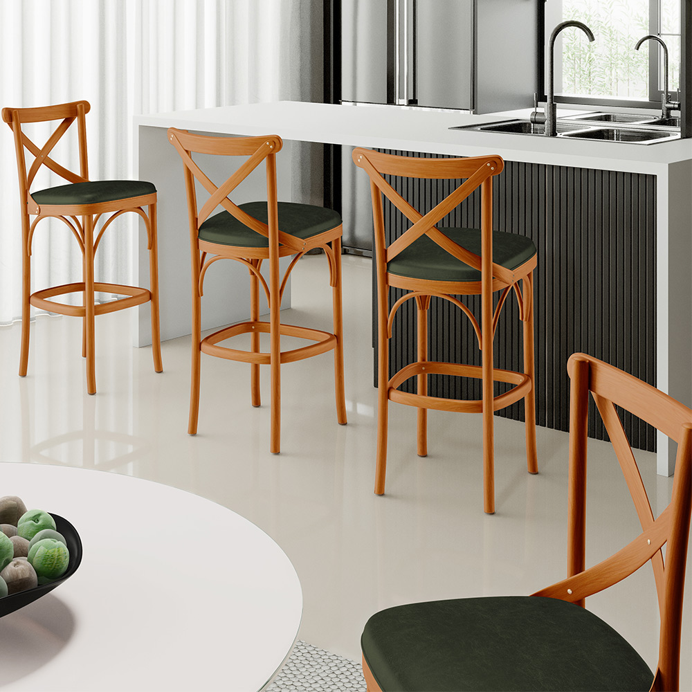 Kit 02 Banquetas Altas Cozinha Bancada Sala Jantar Estofada Ávila L02 Couríssimo Verde Musgo - Lyam