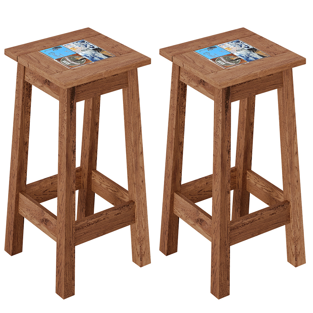 Kit 02 Banquetas Altas De Madeira Maciça Pinus Com Cerâmica Vintage Rústica W02 Imbuia - Lyam Decor