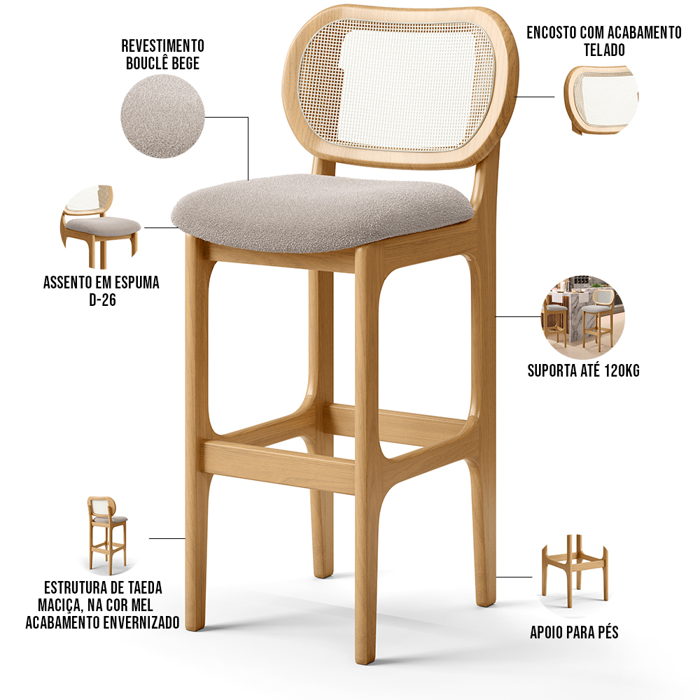 Kit 02 Banquetas Altas Para Cozinha Bancada Sala Tela Betta Fixa L02 Bouclê Creme - Lyam