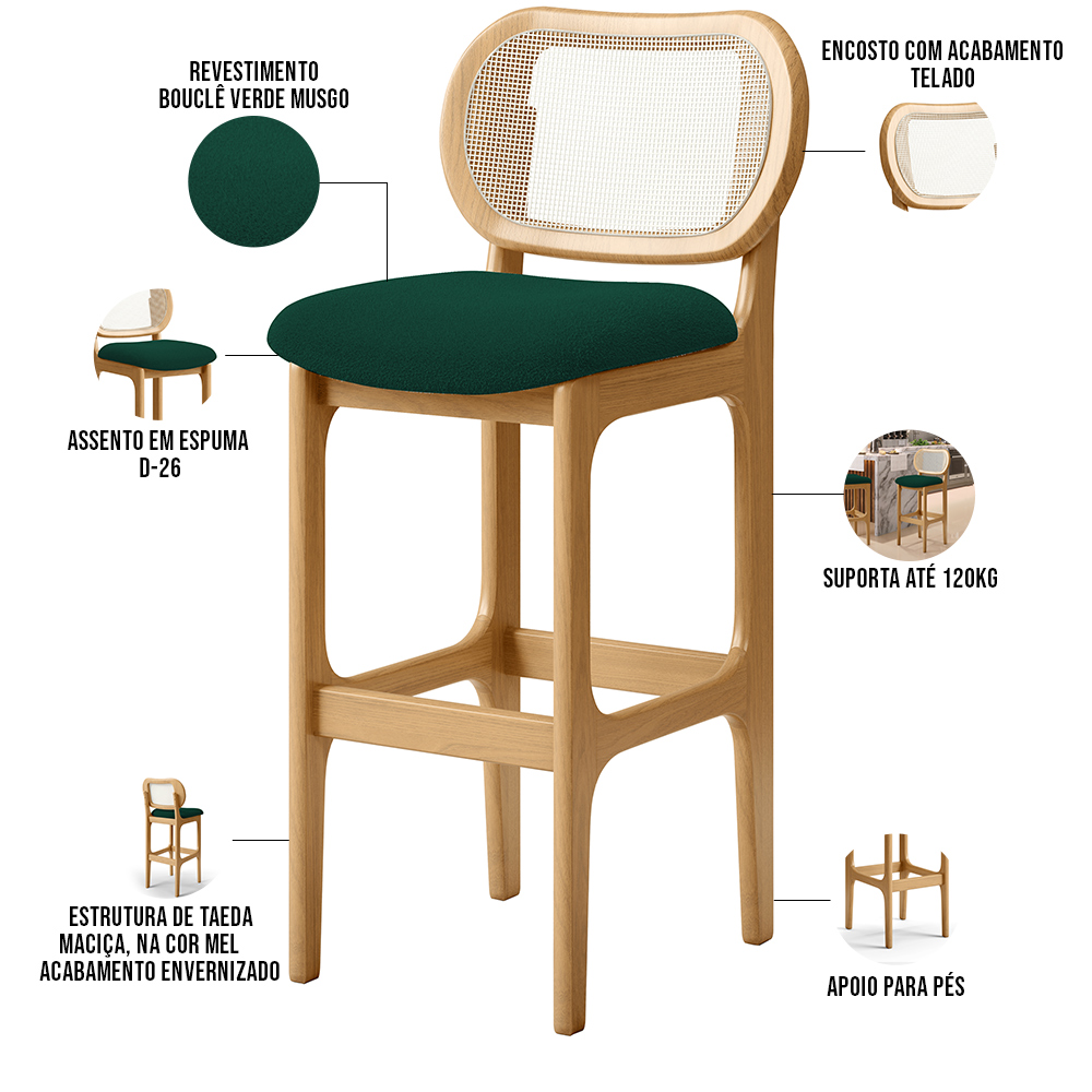 Kit 02 Banquetas Altas Para Cozinha Bancada Sala Tela Betta Fixa L02 Bouclê Verde - Lyam