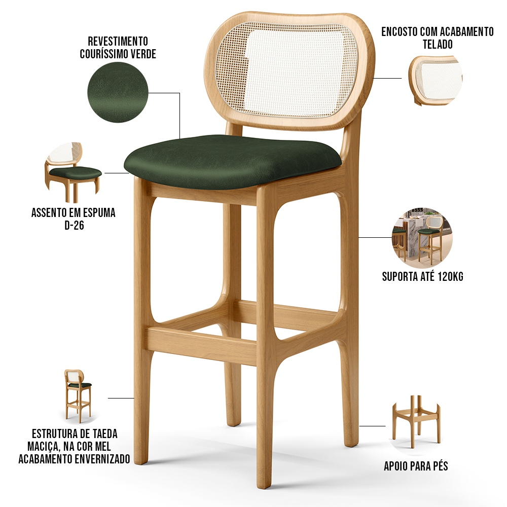 Kit 02 Banquetas Altas Para Cozinha Bancada Sala Tela Betta Fixa L02 Couríssimo Verde Musgo - Lyam