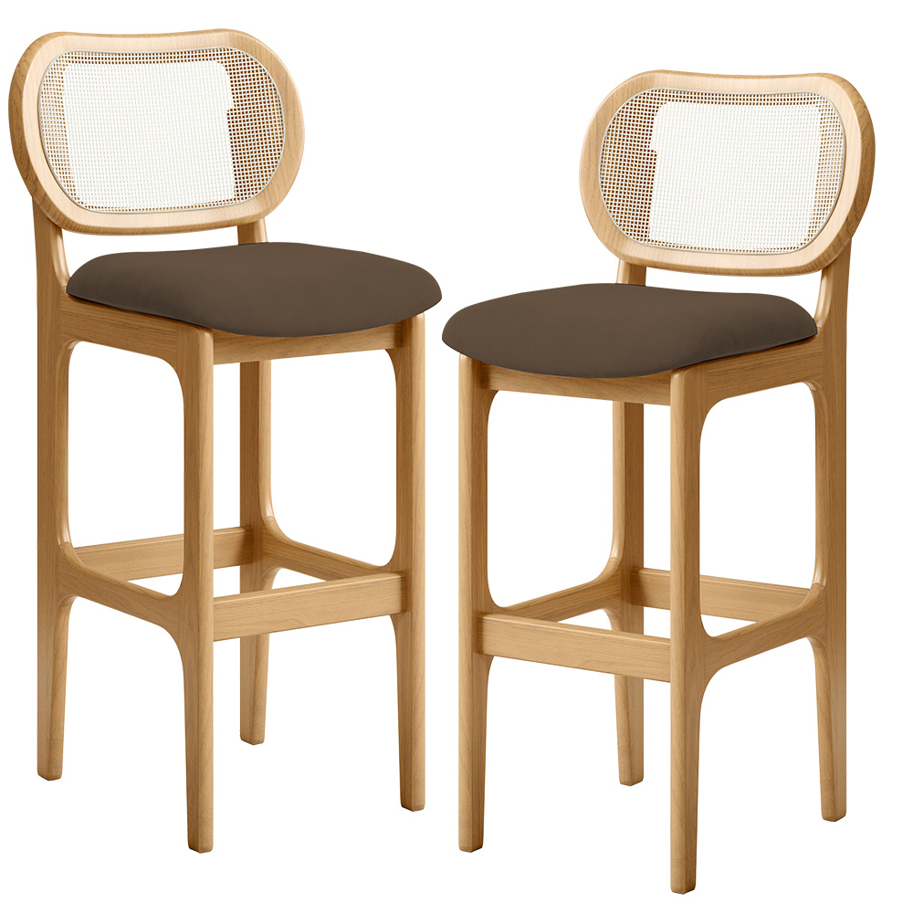 Kit 02 Banquetas Altas Para Cozinha Bancada Sala Tela Betta Fixa L02 Suede Marrom - Lyam