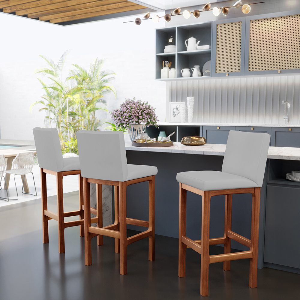 Kit 02 Banquetas Altas Para Cozinha Sala De Jantar Fixa Alya L02 Suede Cinza - Lyam Decor