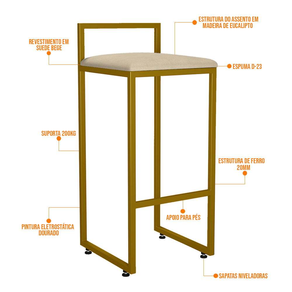 Kit 02 Banquetas Altas Para Cozinha Sala De Jantar Hanna L02 Dourado Suede Bege - Lyam Decor