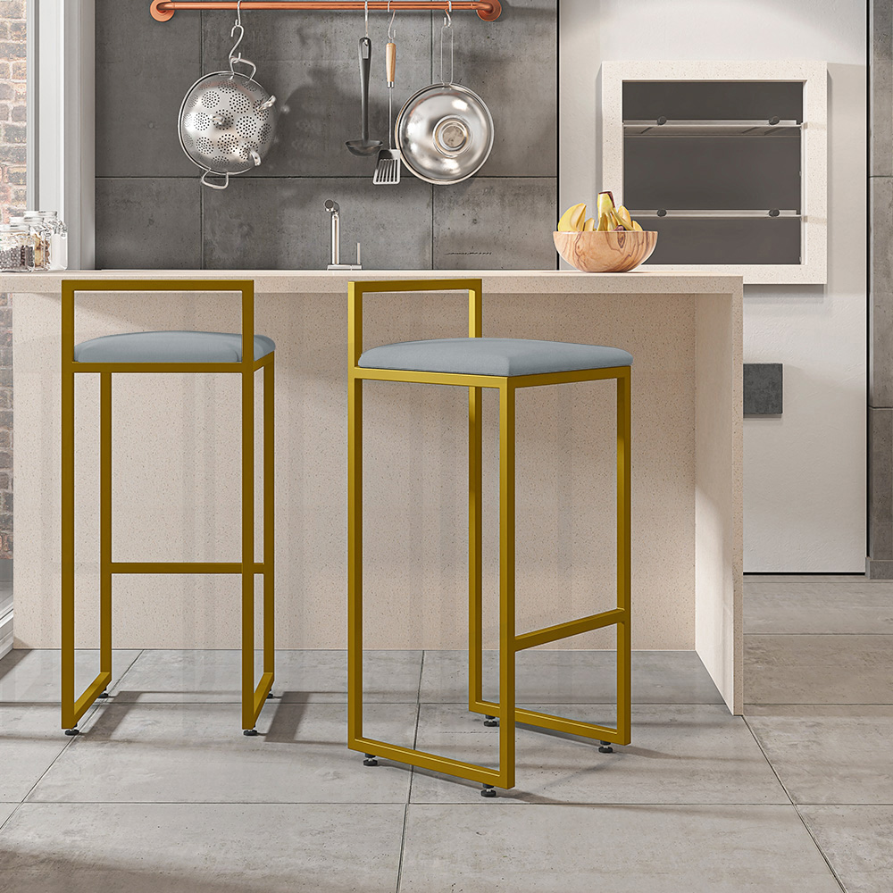 Kit 02 Banquetas Altas Para Cozinha Sala De Jantar Hanna L02 Dourado Suede Cinza - Lyam Decor