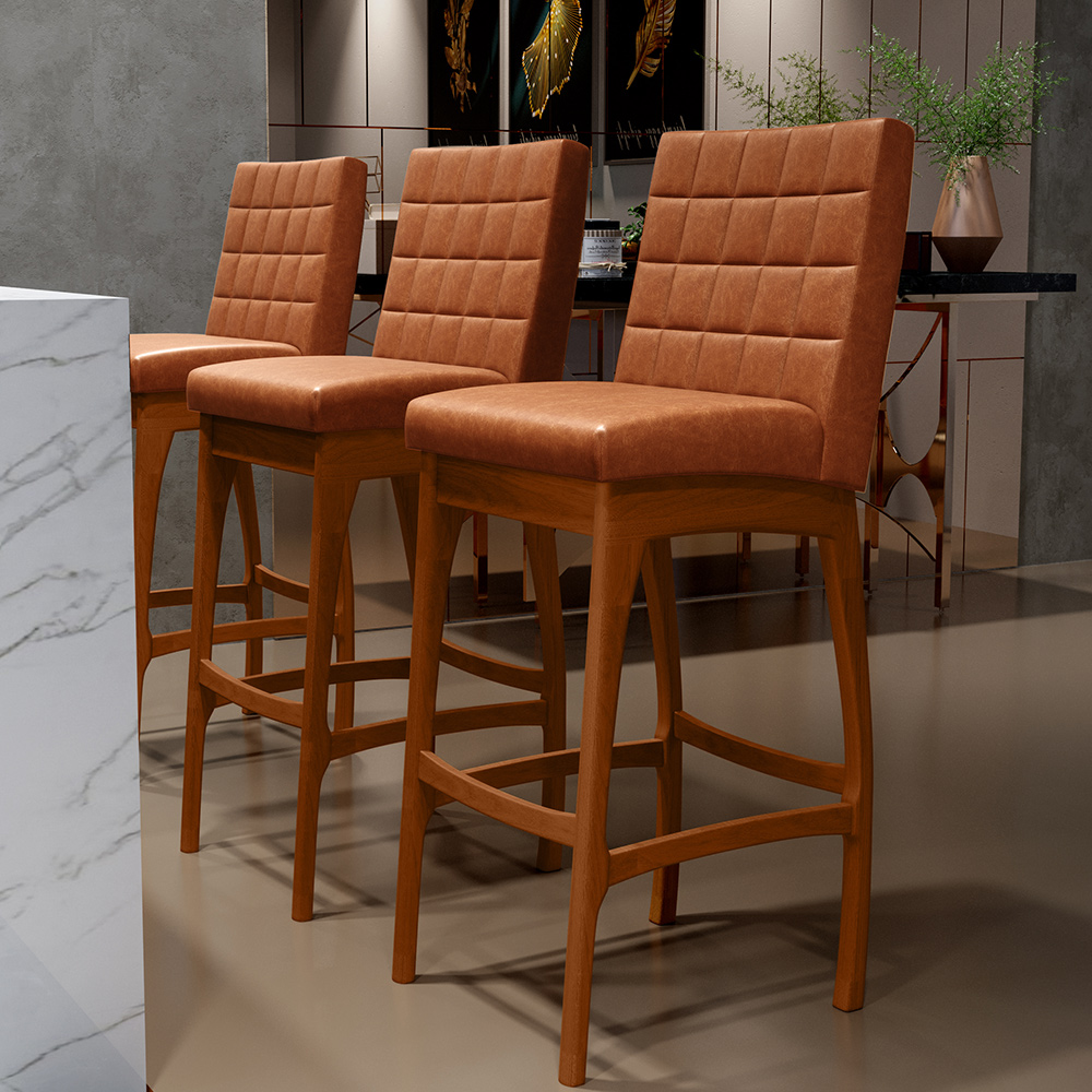 Kit 02 Banquetas Altas Para Cozinha Sala de Jantar Fixa Mila B04 Couríssimo Camel - Lyam Decor
