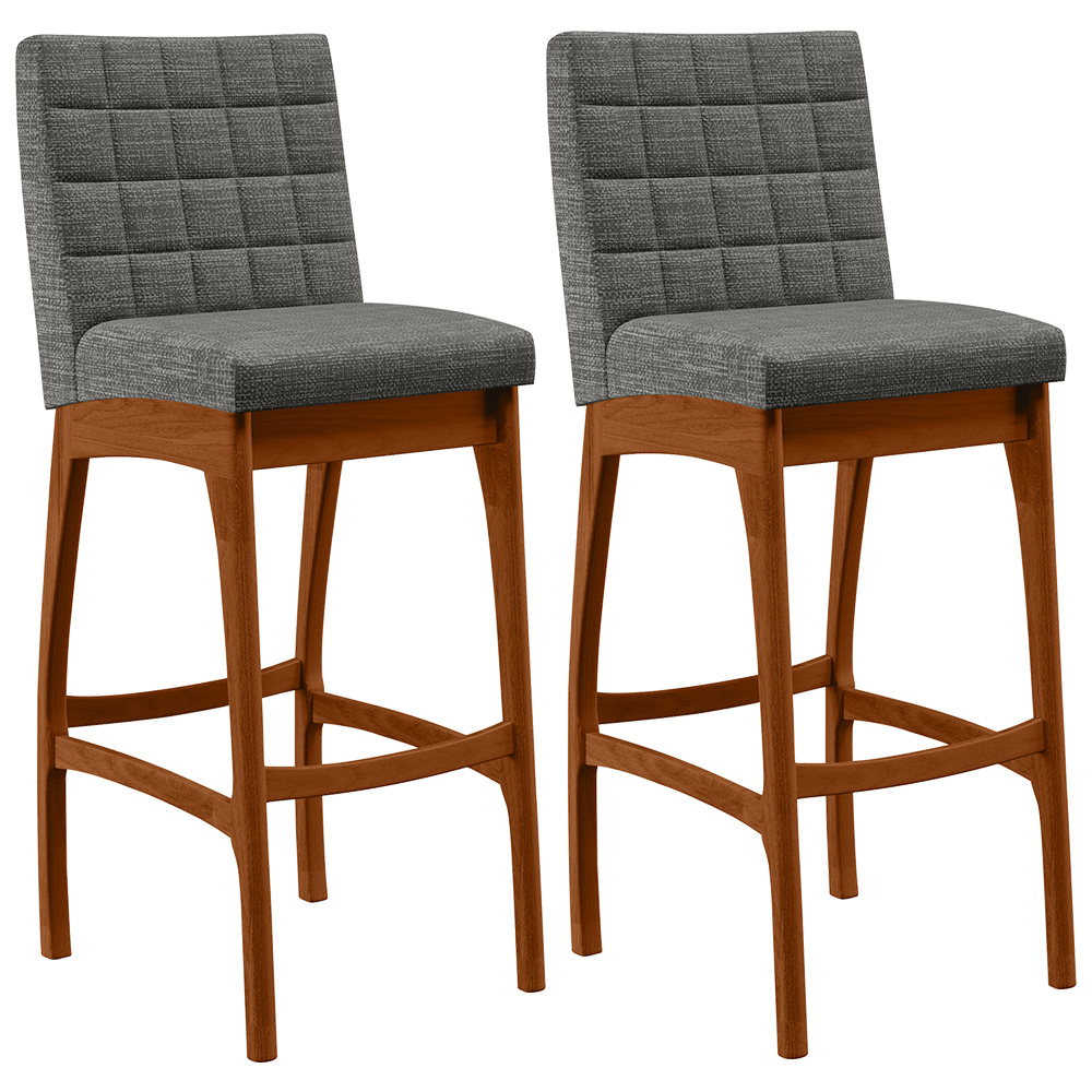 Kit 02 Banquetas Altas Para Cozinha Sala de Jantar Fixa Mila B04 Linho Cinza Escuro - Lyam Decor