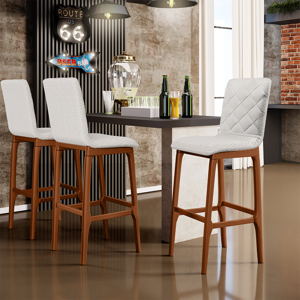 Kit 02 Banquetas Altas Para Cozinha Sala de Jantar Fixa Zoe B04 Bouclê Cru - Lyam Decor