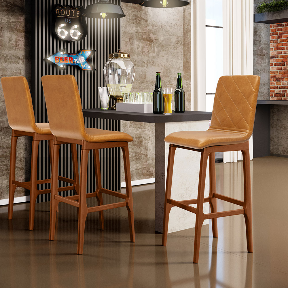 Kit 02 Banquetas Altas Para Cozinha Sala de Jantar Fixa Zoe B04 Couríssimo Whisky - Lyam Decor