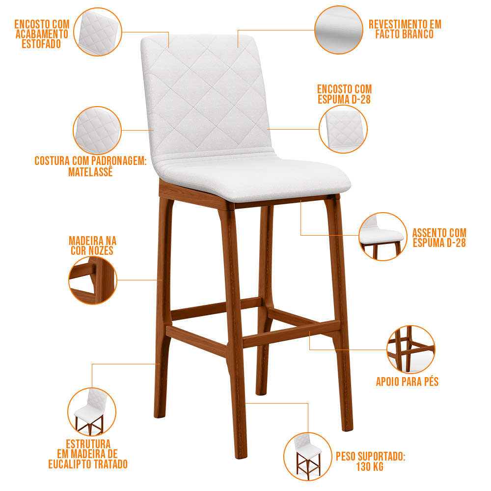 Kit 02 Banquetas Altas Para Cozinha Sala de Jantar Fixa Zoe B04 Facto Branco - Lyam Decor