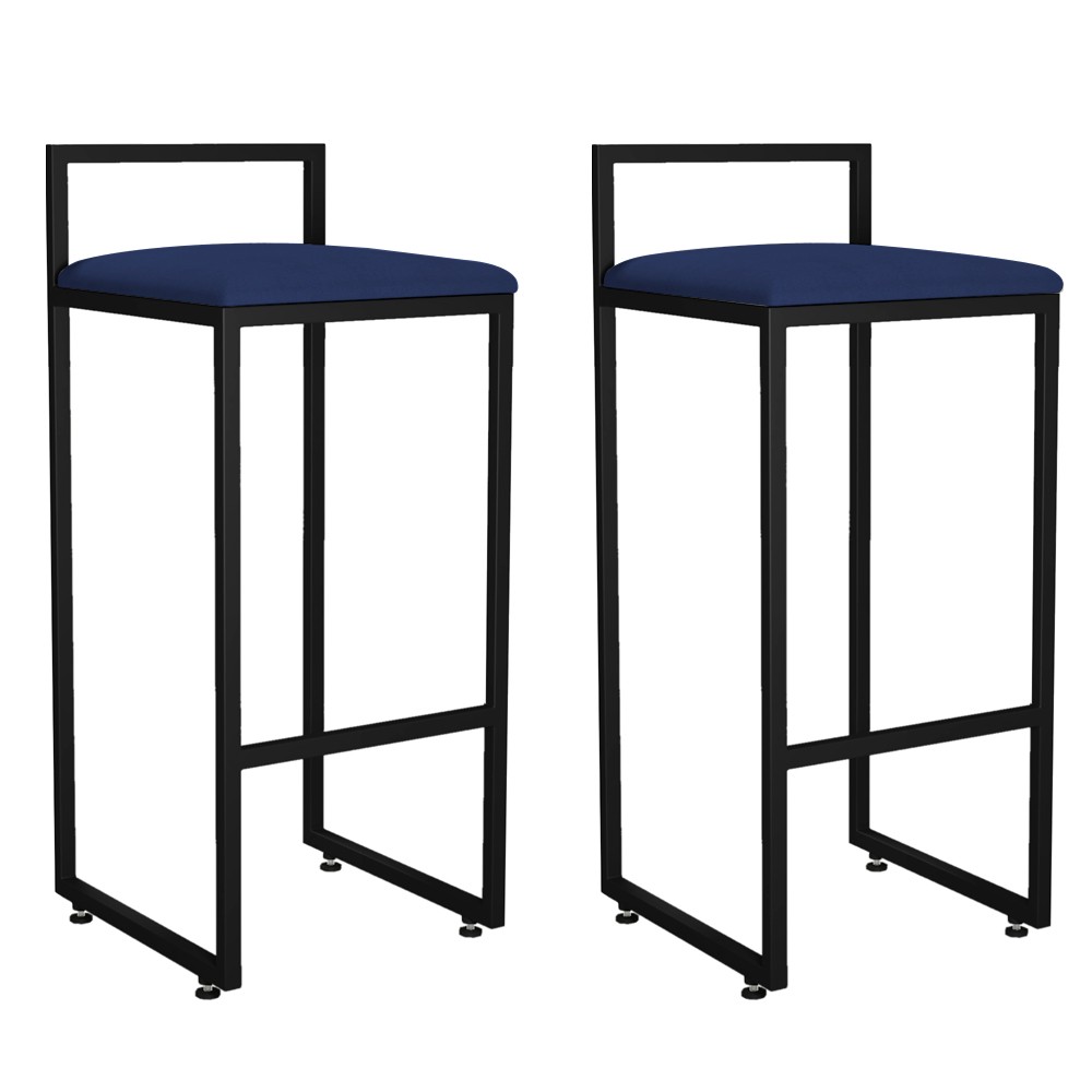 Kit 02 Banquetas Altas Para Cozinha Sala de Jantar Hanna L02 Preto Suede Azul Marinho - Lyam Decor