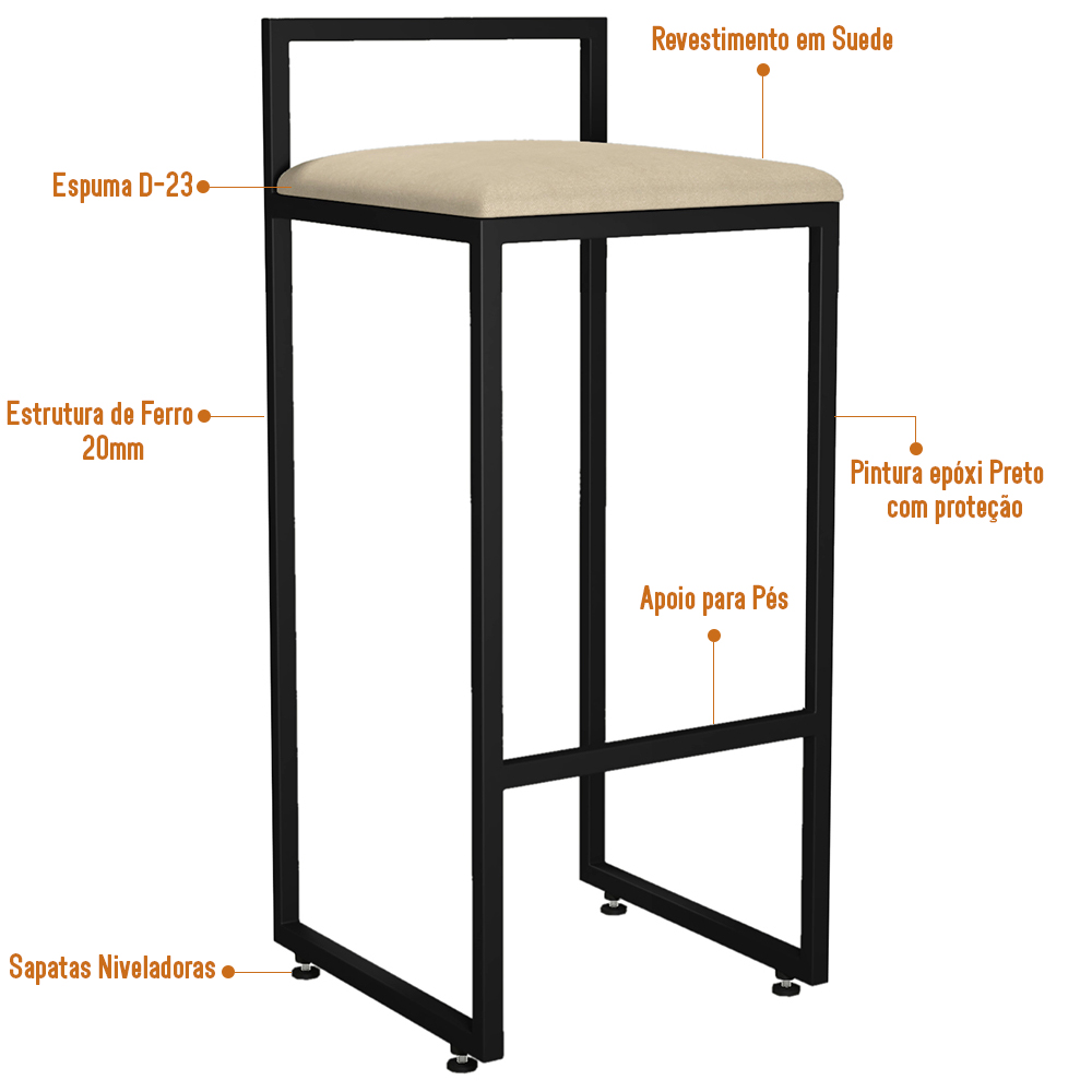 Kit 02 Banquetas Altas Para Cozinha Sala de Jantar Hanna L02 Preto Suede Bege - Lyam Decor