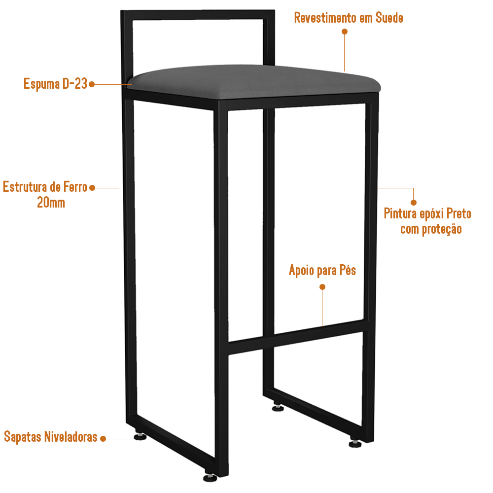 Kit 02 Banquetas Altas Para Cozinha Sala de Jantar Hanna L02 Preto Suede Cinza - Lyam Decor